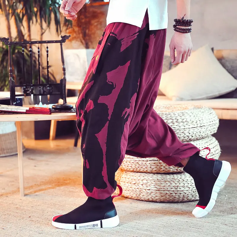 

2020 Men Wide Leg Pants Loose Harem Pants Male Cotton Linen Japanese Style Mens Jogger Sweatpants Streetwear Large Size M-5XL