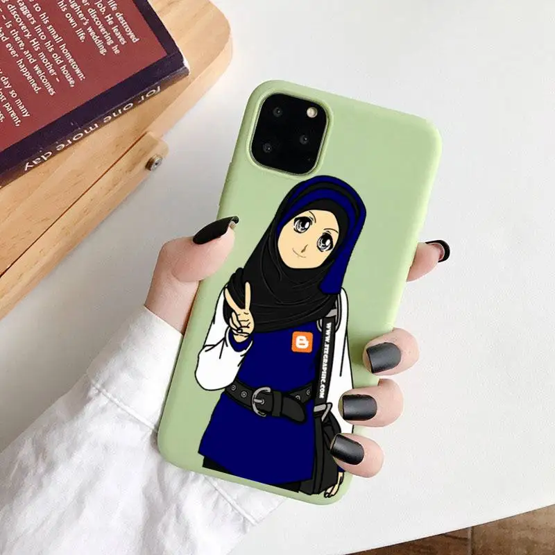 

Muslim girl cute cartoon Phone Case Green Candy Color for iPhone 6 7 8 11 12 s mini pro X XS XR MAX Plus