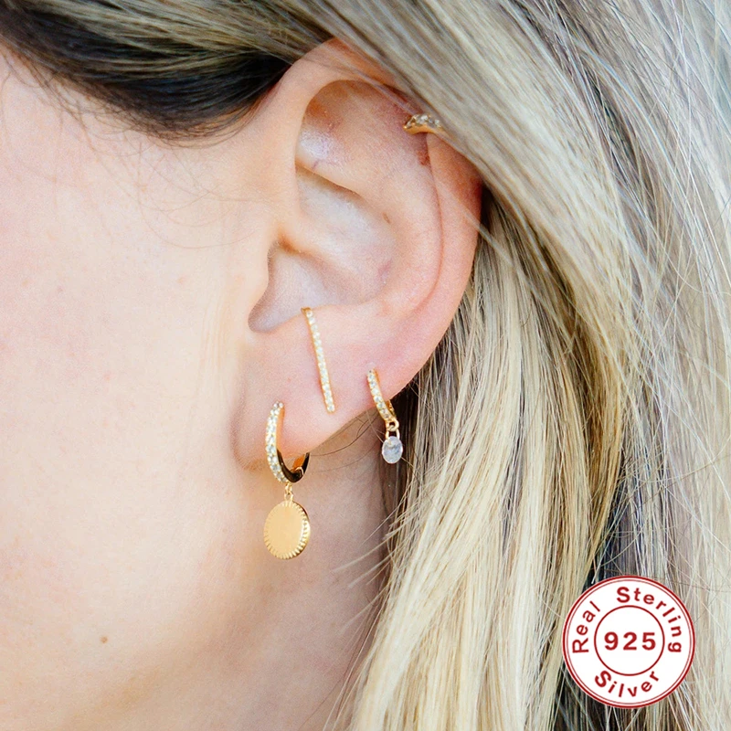 

BOAKO 925 Sterling Silver Hoop Earrings With Cubic Zirconia Round Disc Circle Charm Dangle Drop Earring Gold Color For Women
