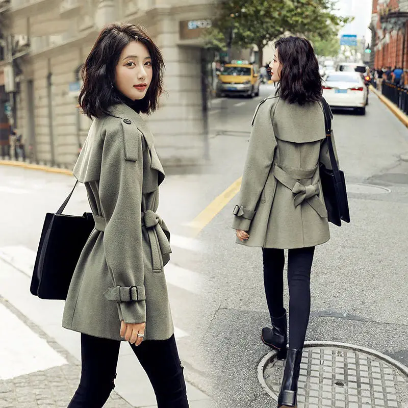 

Women's Blends Woolen Coat Mid-length New Fall Winter 2020 New Loose Temperament Double-sided Fleece Coat Sashes Outerwear k1041