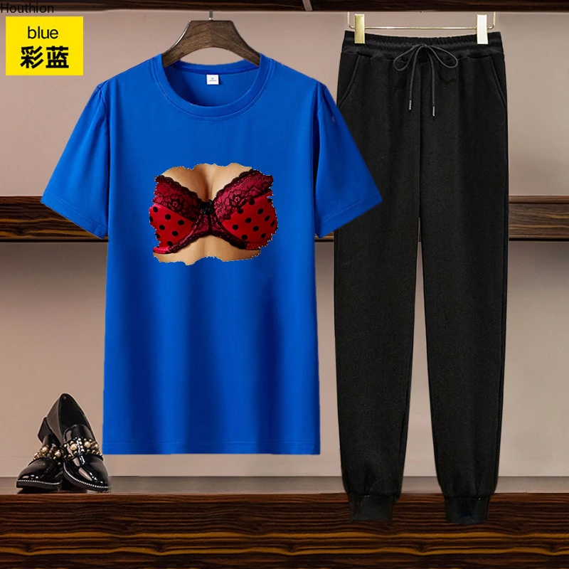 

Женский комплект из двух предметов Houthion, футболка с принтом и брюки, летний свободный костюм с круглым вырезом, футболка с коротким рукавом ...