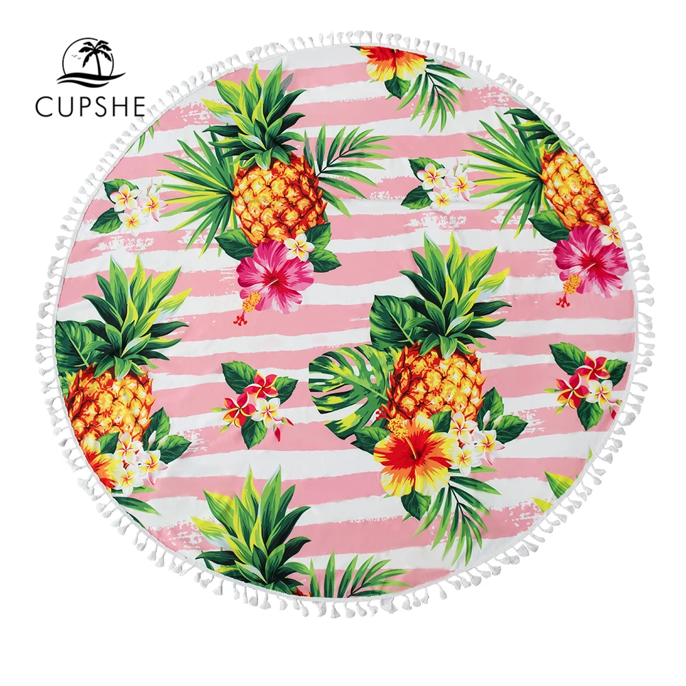 

CUPSHE 145cm Round Shaped Beach Towel With Tassels Floral and Pineapple Print Swimming Beach Blanket 2021 Surf Beach Bath Towels