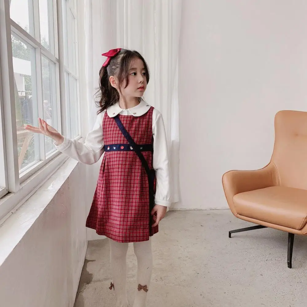 

2020 Girls Clothing Set Plaid Pattern Sleeveless Design Kids Dress + White Colour Embroidered Floral Tops