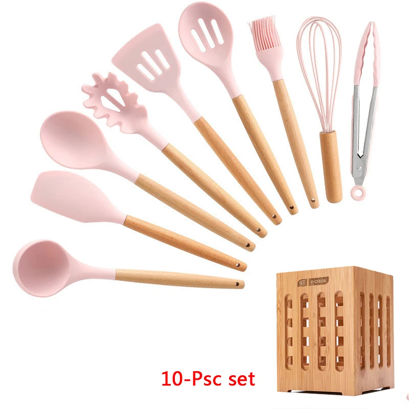 10-Pcs kitchen set Силиконовые набор для кухни 11/12/13 шт, кухонный набор,набор кухонных принадлежностей, антипригарным,деревянной с лопатки, ложка,половник,Кухня инструменты,кухонная утва,серый,кухонные принадлежности из силикона - Цвет: 10-Pcs kitchen set