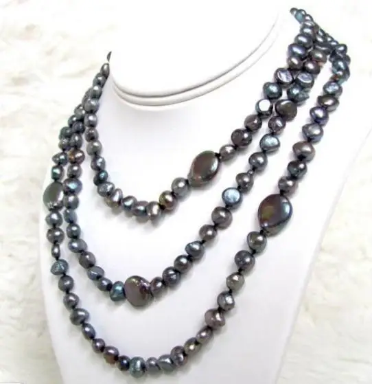 New Arrival Favorite Pearl 50'' Long Jewelry Black Color Baroque Coin Genuine Freshwater Pearl Necklace Fine Women Gift