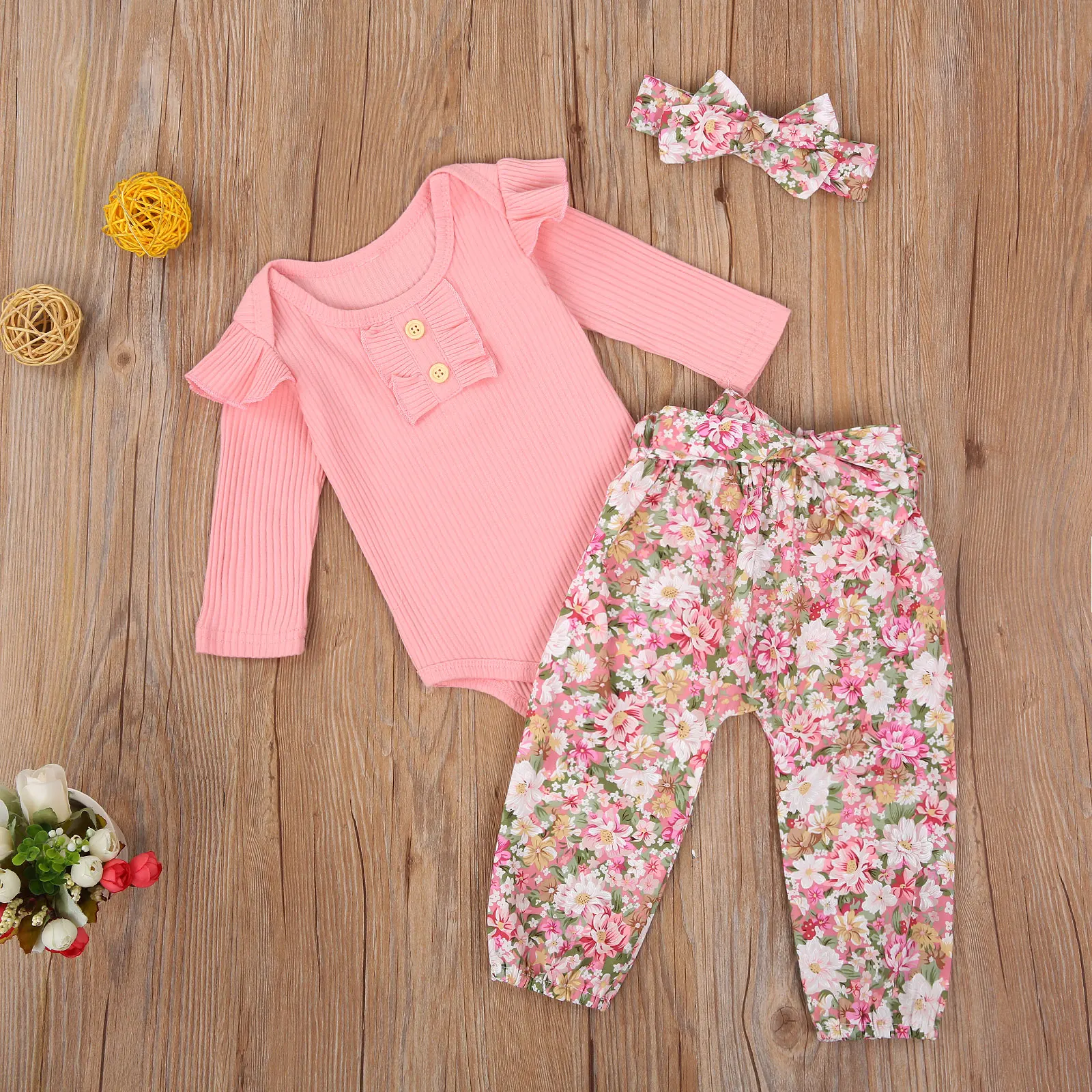 

2020 Fall Toddler Baby Girls Clothing Set Infant Long Sleeve Solid Color Bodysuits + Floral Print Pants + Headband 0-24M Outfits