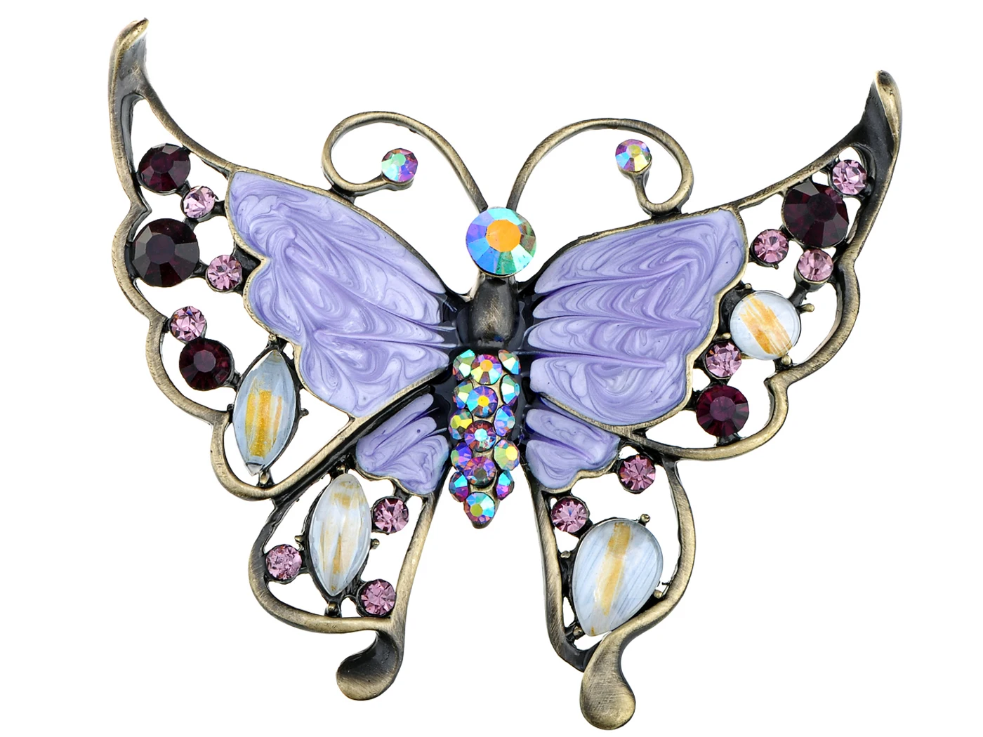 

Brass Tone Shine Purple Pink Crystal Rhinestones Enamel Opal Butterfly Insect Bug Brooch Pin