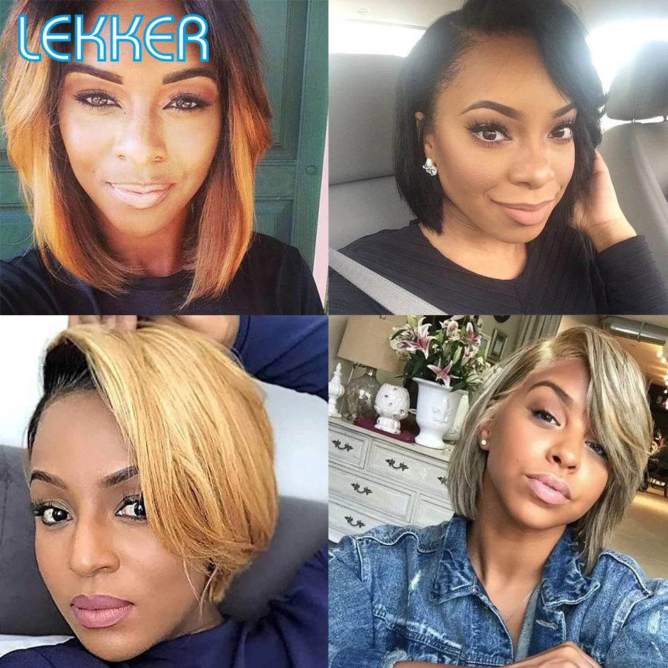 Lekker Colored Short Straight Bob Human Hair Wig For Women Brazilian Remy None Lace Glueless Ombre Blonde Burg Red Cheap Wig images - 6