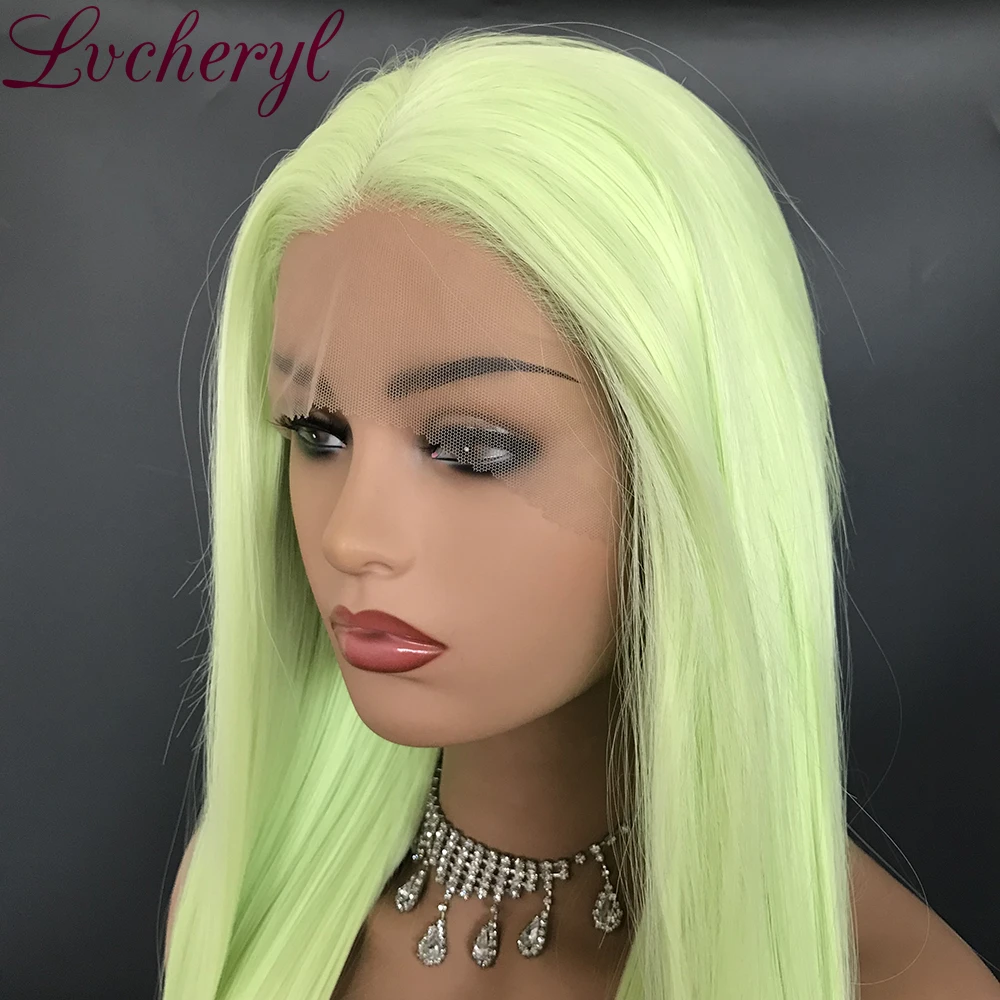 Lvcheryl натуральные длинные шелковистые прямые яблоко зеленые бесклеевые термостойкие синтетические парики на кружеве для женщин вечерние парики для макияжа