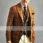 Классический твидовый оранжевый шерстяной Блейзер в клетку с узором гусиные лапки и вельветовые брюки мужские костюмы из 3 предметов для свадьбы официальный жакет 2021
