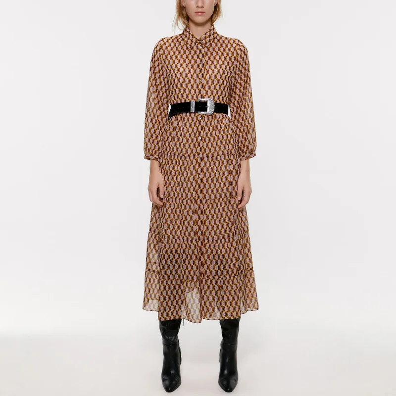 Женское винтажное платье рубашка размера плюс шифоновое с длинным рукавом осень