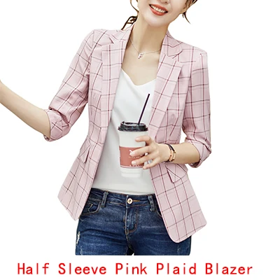 Pink Blazer Летняя одежда, Женские клетчатые повседневные блейзеры и куртки, женские куртки с коротким рукавом и одной пуговицей с карманами - Цвет: Pink Blazer