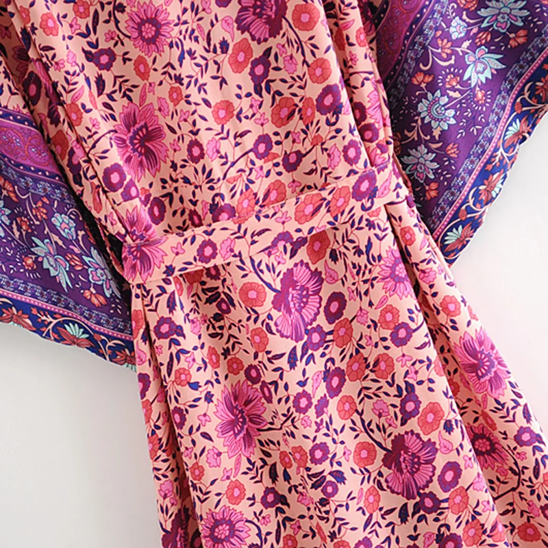 

boho vintage summer floral print with belt kimono women tops 2020 fashion cardigan V neck patchwork beach blouses shirts blusas