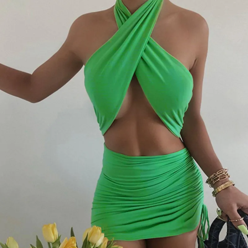 

Женский комплект из двух предметов, топ с открытой спиной и юбка с рюшами, 2021