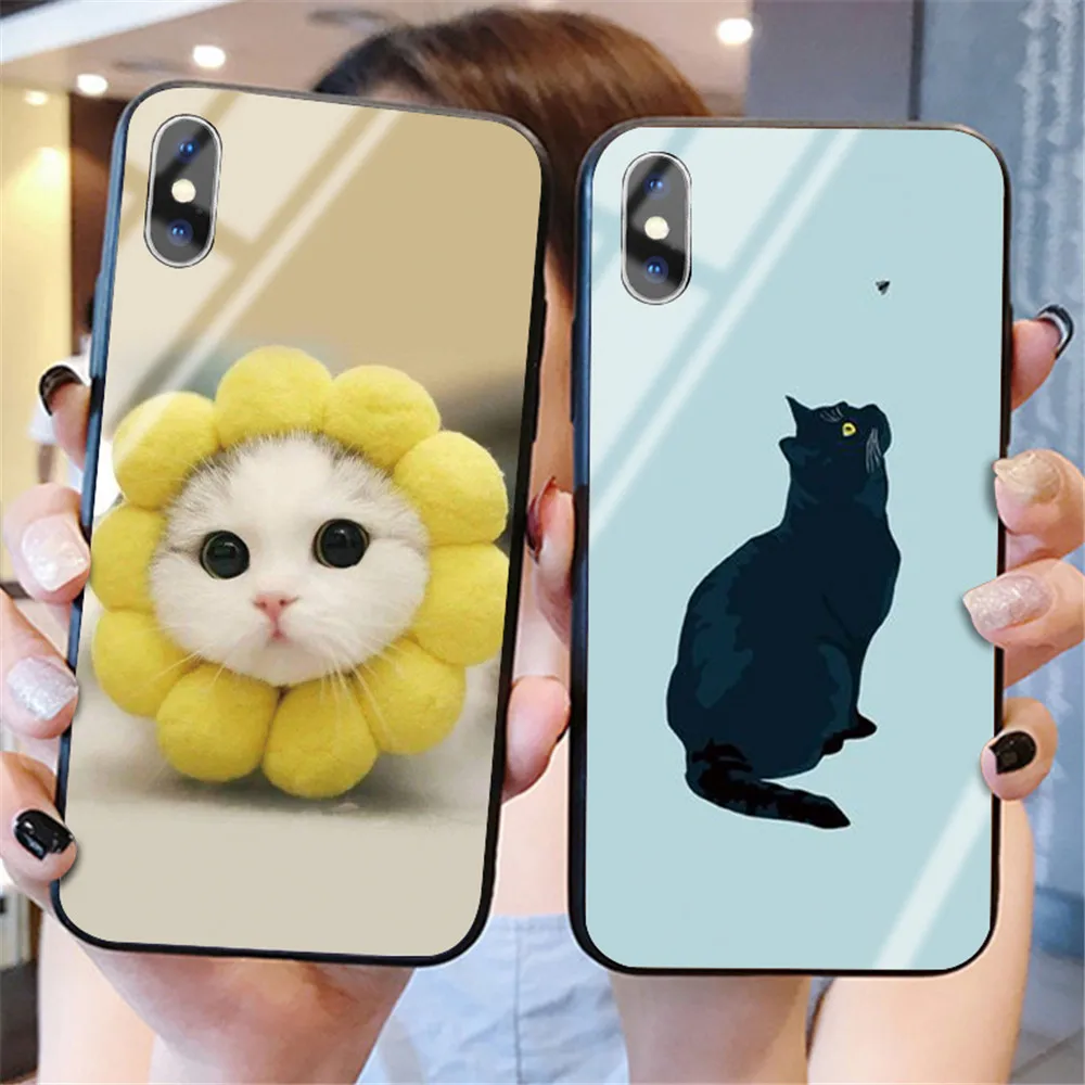 Забавная Милая задняя крышка с изображением кота для iphone XS Max XR X 5 5S 6 6S 7 8 Plus 11 Pro Max, милые чехлы из закаленного стекла