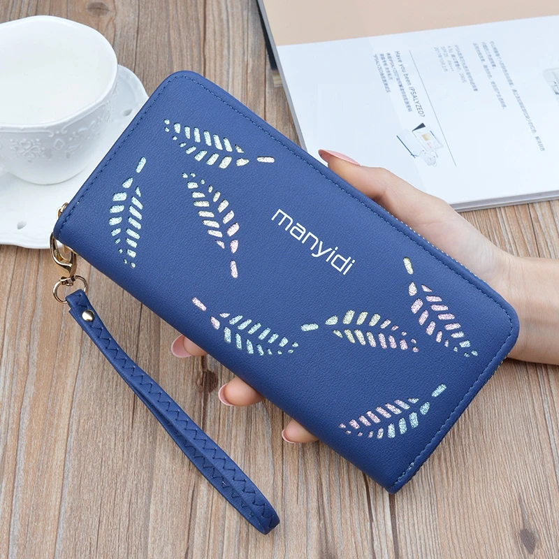 dark blue SHUJIN, Модный женский кошелек с полыми листьями, женские кошельки, длинный секционный клатч, кошелек, мягкий из искусственной кожи, держатель для удостоверения личности, сумка для денег - Цвет: dark blue