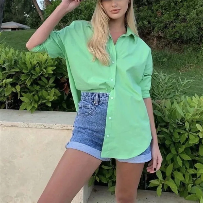 

TRAF Za Top Woman Green Poplin Women Shirt Yellow Button Up Shirt Asymmetric Hem Pink Blue Office Long Sleeve Summer Blouse