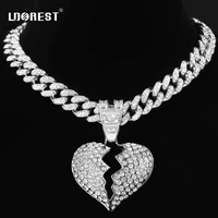 hip hop bling bling crystal broken heart pendant necklace 13mm miami cuban link choker necklaces punk chunky chain gifts jewelry