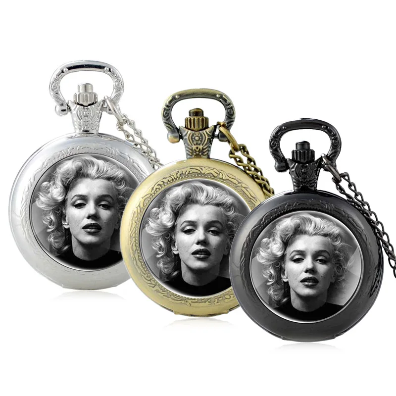

Classic Fashion Marilyn Monroe Design Glass Cabochon Quartz Pocket Watch Vintage Men Women Pendant Necklace Chain Clock Gifts
