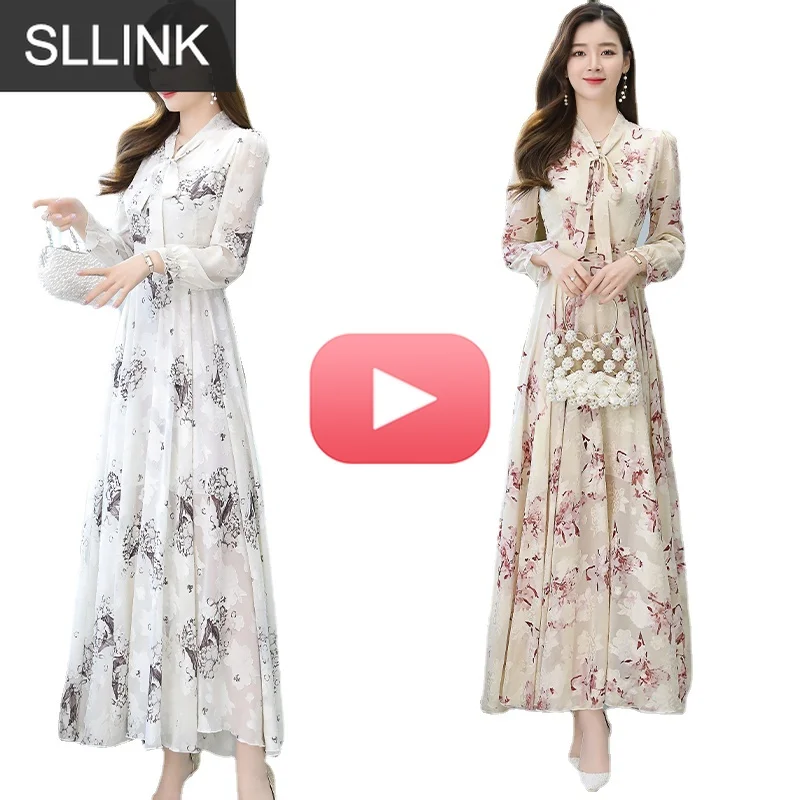

Summer Black Print Maxi Dress New Arrival High Quality Plus Size S-4XL Flower Long Sleeve Women Chiffon Vestidos Apricot White