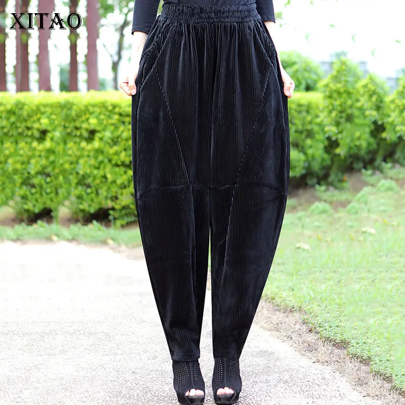 

XITAO High Waist Black Harem Pants Plus Thick Velvet Loose Casual Solid Color All-match Elastic Waist Long Pants CZH0086