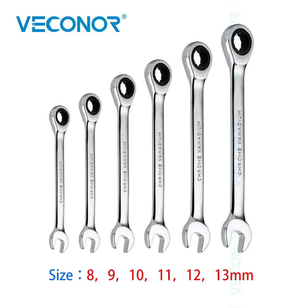 

6Pcs Ratchet Key Wrench 8-13mm Size Mirror Polish Spanner Tools Set 72T Ratcheting Fixed Head Wrenches Tool for Repairing