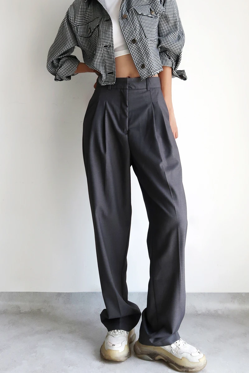 

TVVOVVIN Straight Long Legs High Waist Slimming Pants Loose Pleated Casual Dark Gray Simple Suit Trousers 8J45