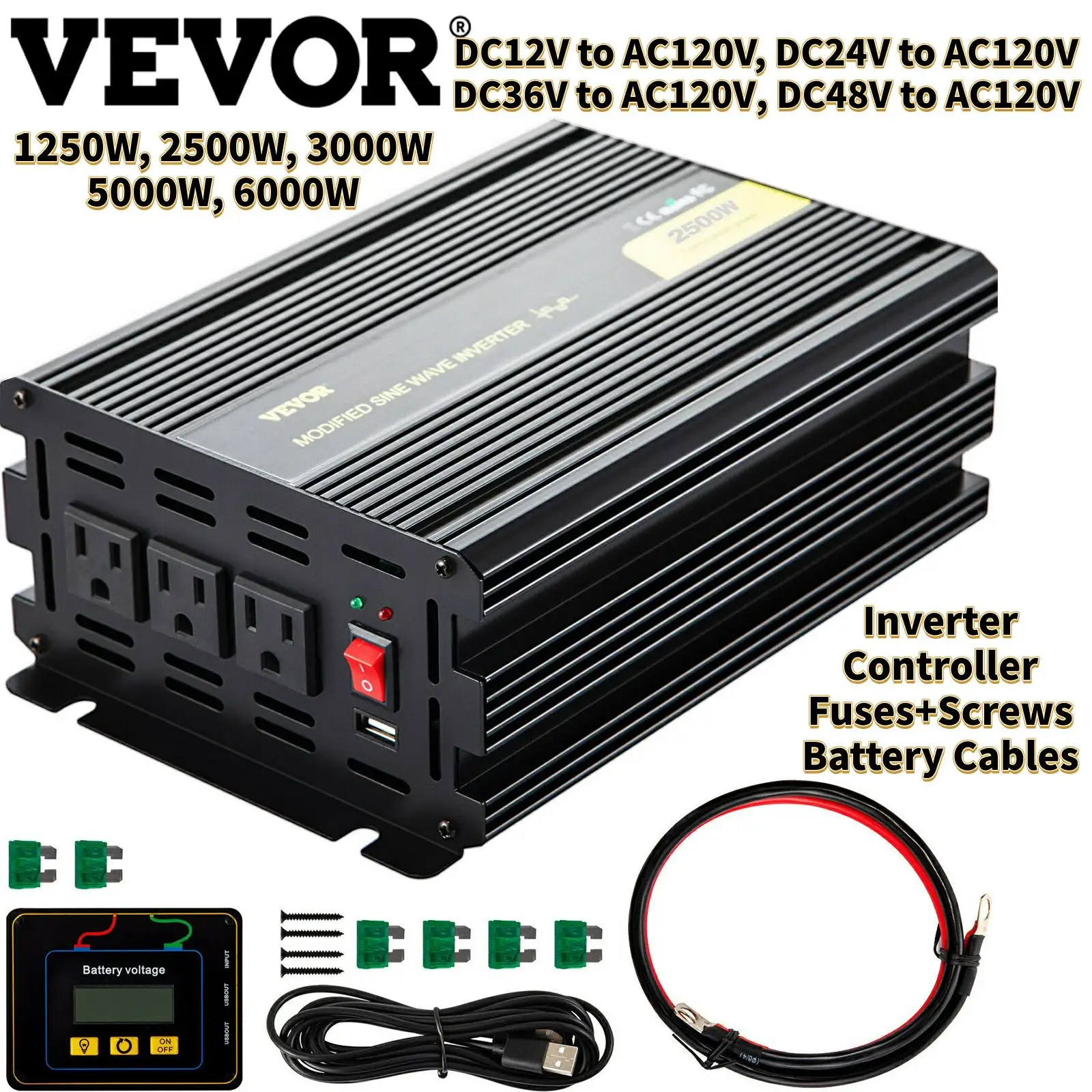 

VEVOR 1250W-6000W DC12V DC24V DC36V DC48V to AC120V Modified Sine Wave Power Inverter for Car and Home Power Supply Outdoor Use