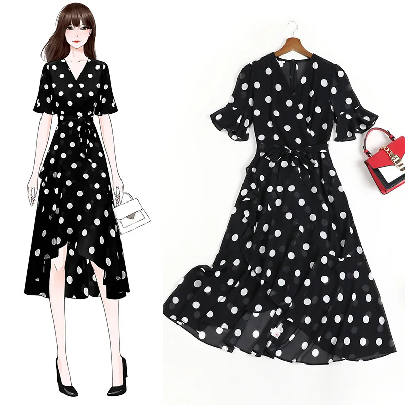 

4XL 5XL summer dress 2020 women vintage white dots black plus size dresses flare sleeve chiffon dress JC48