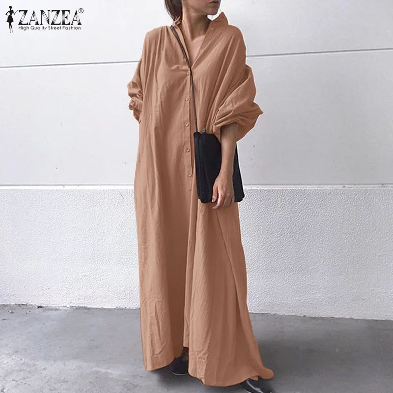 

Платье ZANZEA женское с длинным рукавом, Винтажный Длинный Сарафан из хлопка и льна, длинная рубашка на пуговицах, стильное осеннее 7