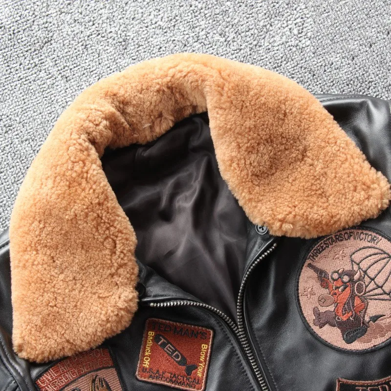 

Winter New Mens Genuine Sheep Leather Jackets Coats Pilot Natural Leather M Casual Wool Collar Detachable Overcoats