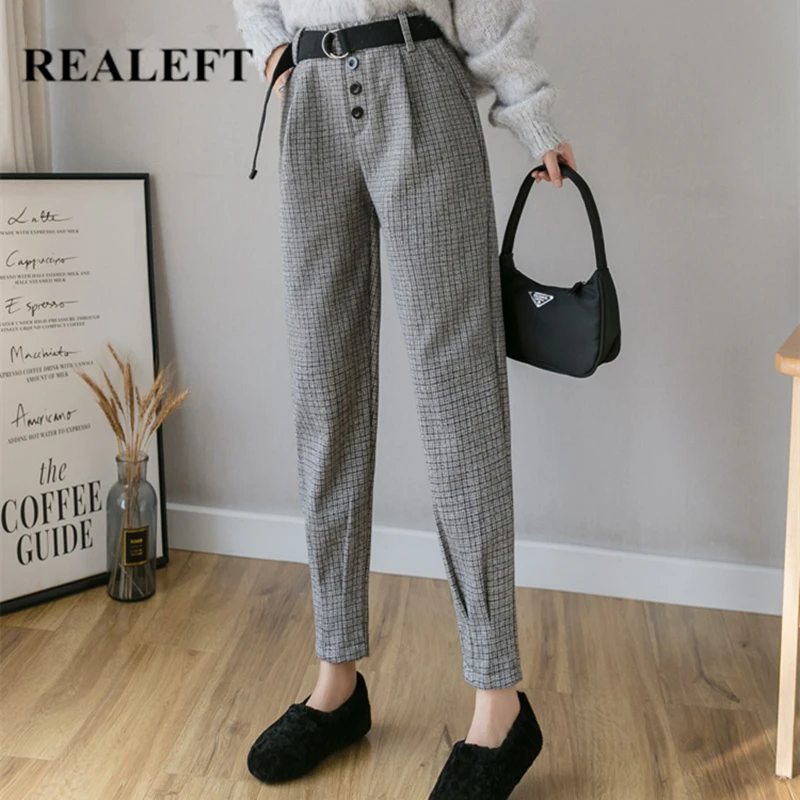 KINOMI осень OL стиль женские клетчатые шерстяные шаровары пояс Высокая талия