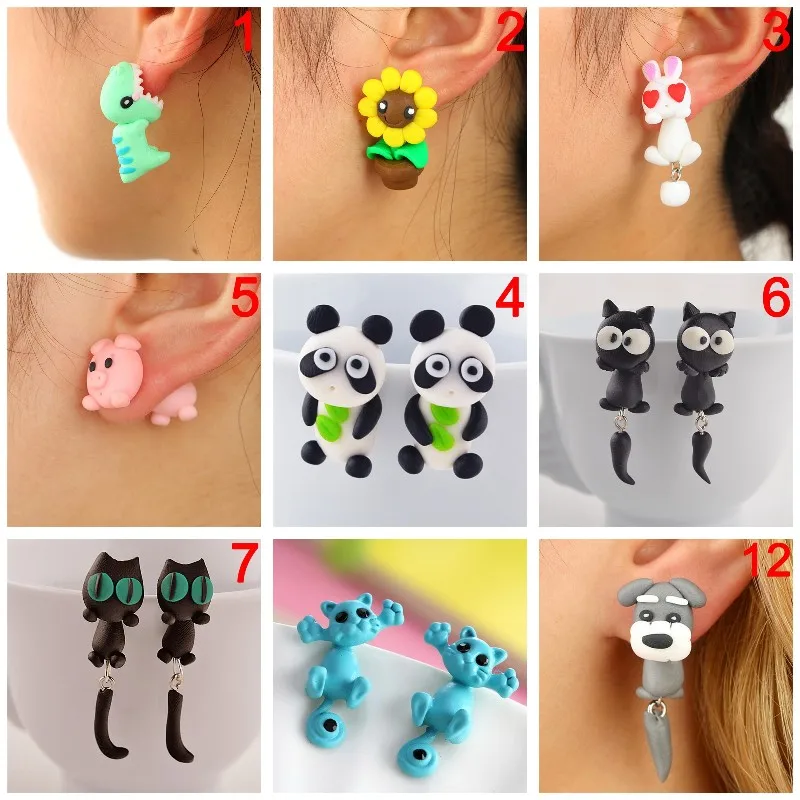 Soft Animal Earrings For Women Hanging Cute 3D Cartoon Colorful Jewelry Lovely Flower Panda Pig Dog Cat Stitch | Украшения и