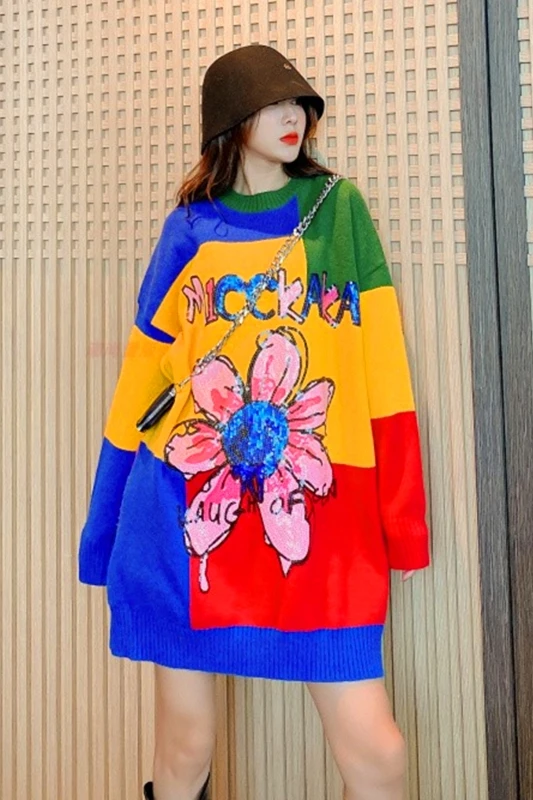 

Colorful Women Pullovers Sweater With Sequin Floral Printed Women Sweater 2021 Spring Autumn Plus Size Knitted Sweater ZQY5649