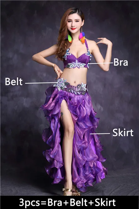 Purple 3pcs Высокое качество танец живота костюм юбка для танца живота танцевальное платье Топ Бюстгальтер Болливуд Египетский Восточный танец одежда для взрослых женщин Новинка - Цвет: Purple 3pcs