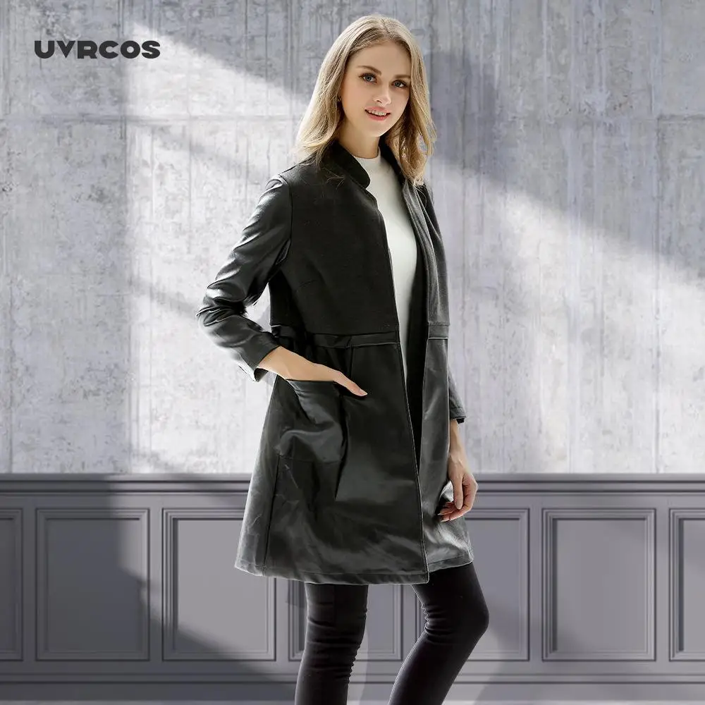 

UVRCOS 2021 Vintage PU leather shirts women Causal Turn-down collar blouse shirt with Autumn winter chic pocket shirt tops
