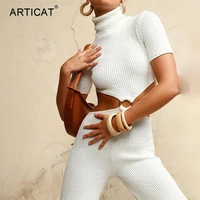 articat turtleneck knit hollow out jumpsuits women short sleeve backless bandage wide leg jumpsuit streetwear female overalls