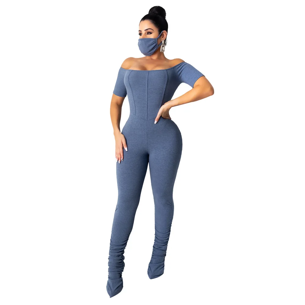 

Off The Shoulder Sexy One Piece Overalls for Women Rib Slash Neck Short Sleeve Stacked Romper Elegant Solid Skinny Club Outfits