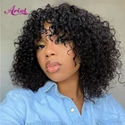 Парики из кудрявых натуральных малазийских волос с челкой, плотность 180, 200, кудрявые, полностью машинные, для чернокожих женщин