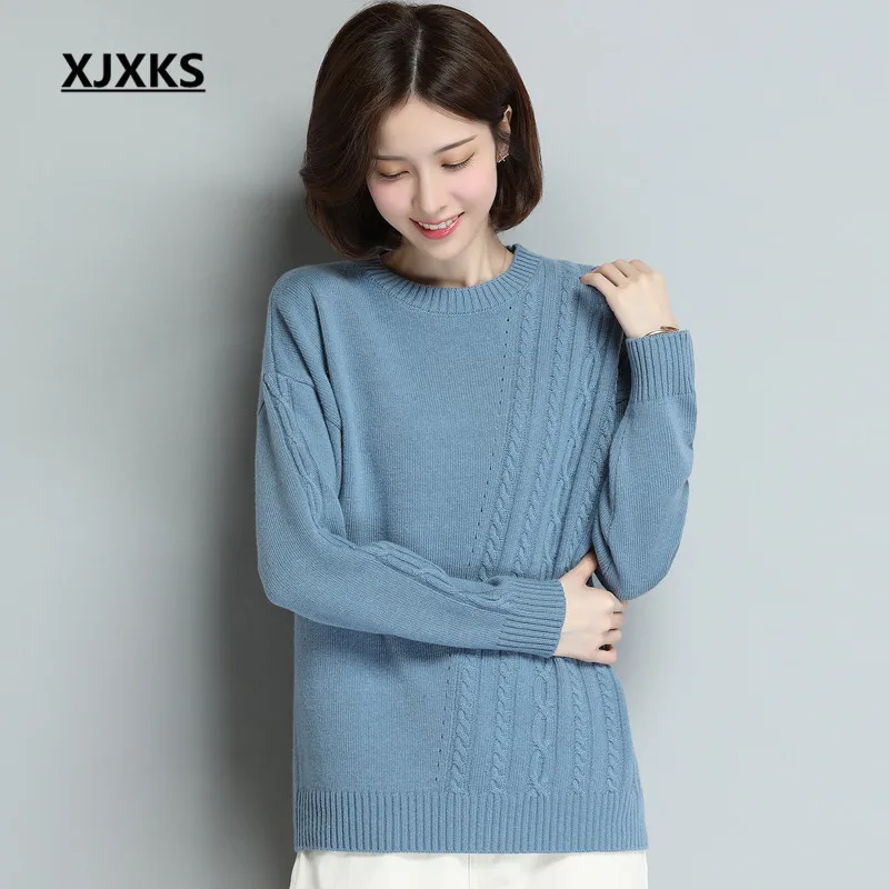 XJXKS Round neck long sleeve women sweater autumn winter new large size comfortable cashmere knitted sweater women pullover - Цвет: Синий