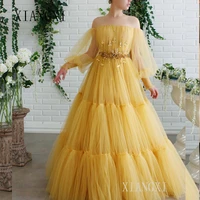 yellow long evening dress vestido de festa longo robe de soiress sleeve off the shoulder evening dresses abendkleider