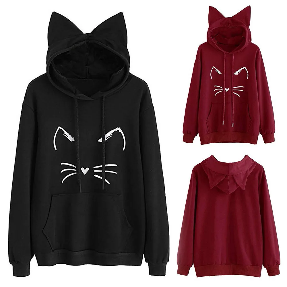 

#45 Women's Cat print Long Sleeve Hoodie Sweatshirt Hooded Pullover Tops girl Hooded Pullover Tops autumn winter