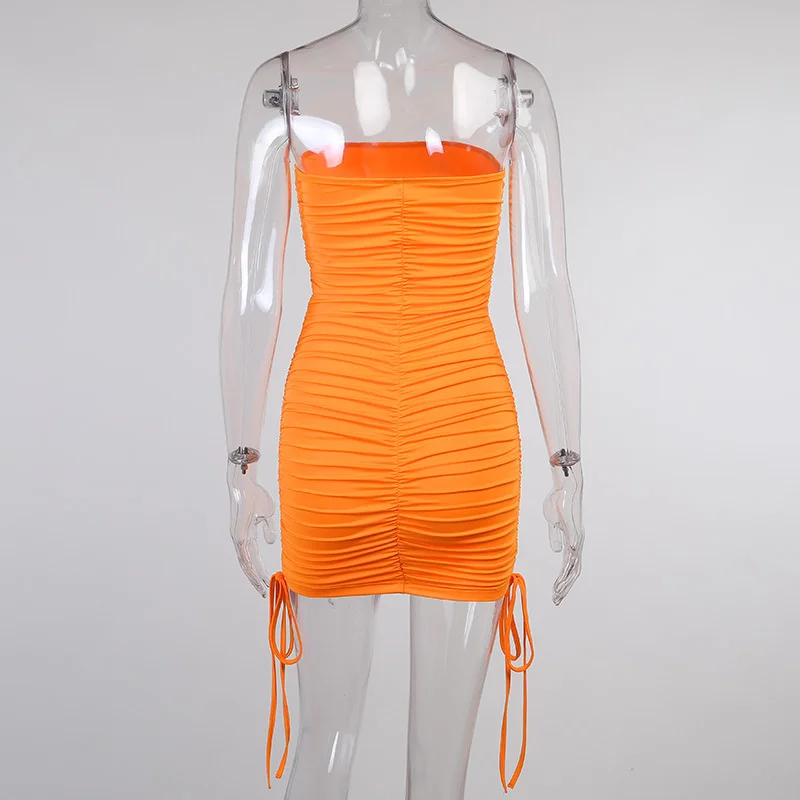 

AIUJXK Summer Off Shoulder Tight Bodycon Ruched Dress For Women 2021 Sexy Sleeveless Strapless DrawString Club Party Mini Dress