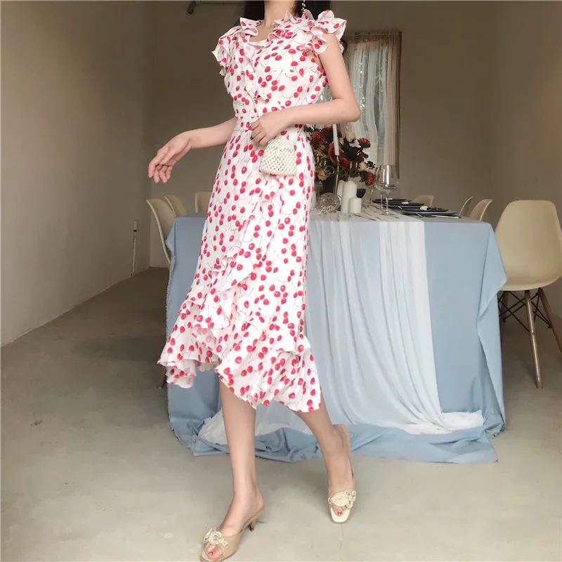 

Chic Ins Ruffles Print dress Fashion Brand V-neck Korean Clothes Ladies Short Dresses Sweet Style Summer Moda Feminina New