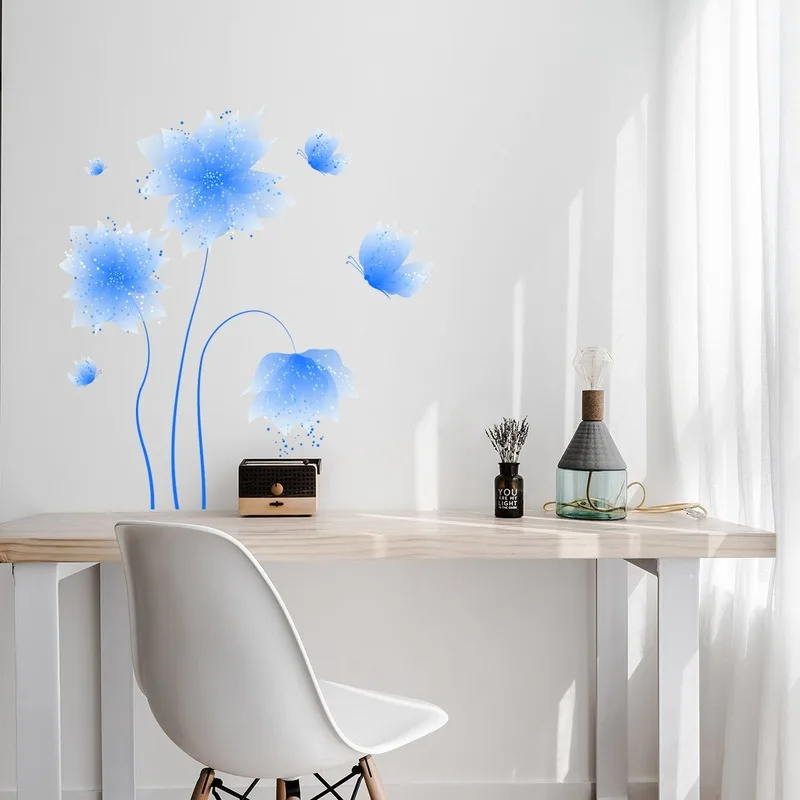 

Modern Blue Flowers Butterflies Wall Stickers for Living Room Bedroom Decoration Aesthetic Home Decor Wall Art Decals Mural
