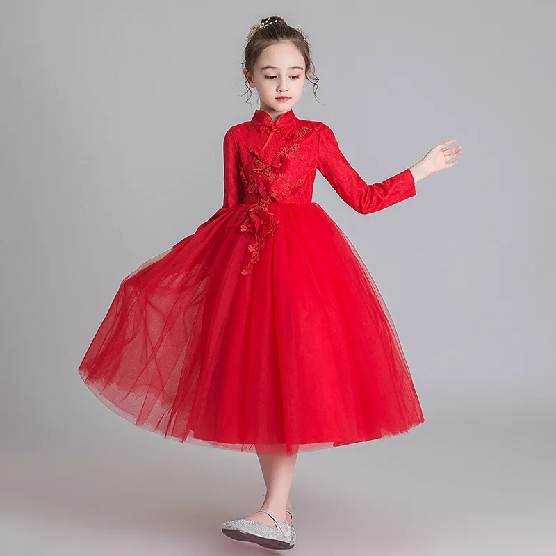 

Designer Kids Christmas Boutique Evening Ball Gown 3D Lace Flower Long Sleeve Children Party Wear Dress for Girls