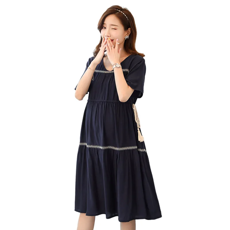 

2021 Summer V-neck Maternity Dress Elegant Short-sleeved Casual Loose Dress Clothes for Pregnant Women Pregnancy Wear