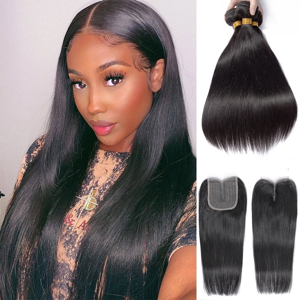 

Bone Straight Bundles With Closure Brazilian Human Hair Weave 3/4 Bundle With Deep Middle U Part Lace Closure Remy Extension