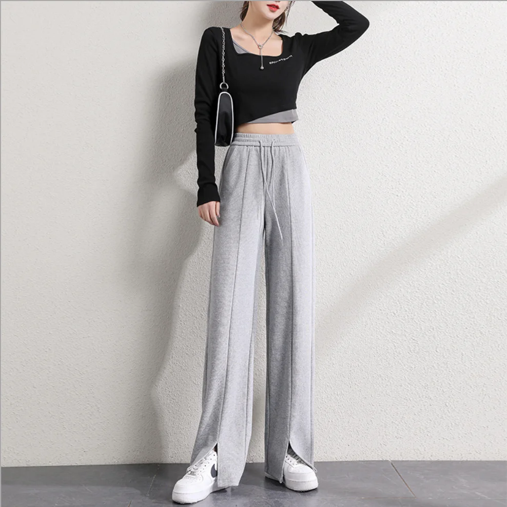 

2021 Wide Leg Sweatpants Women Cotton Slit Hem Women Sports Pants Jogging Sports Joggings Leisure Trousers n9901