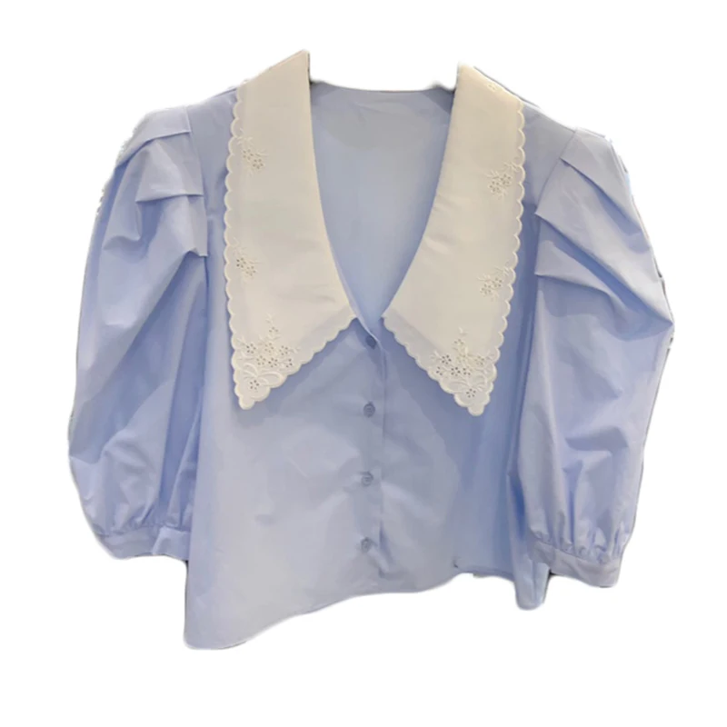 

2021 Summer Tops Korean Chic Embroidery Floral Blouses Woman Puff Half Sleeve Loose Women Blouse Solid Button Shirt Blusas 14172